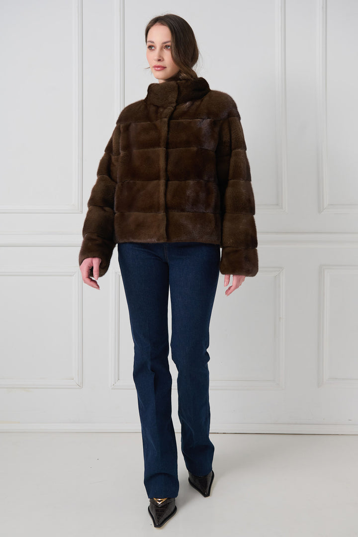 Reversible mink jacket with standup collar