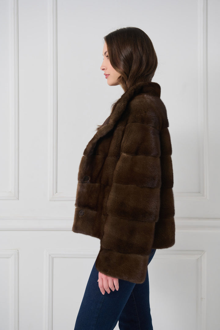 Reversible mink jacket with standup collar