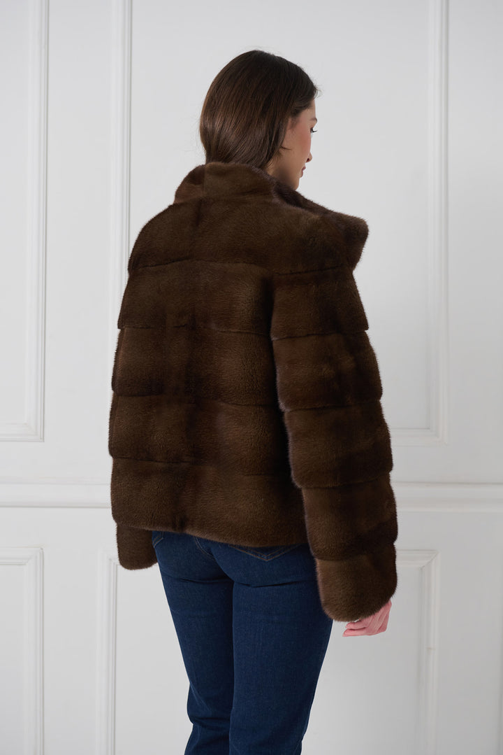 Reversible mink jacket with standup collar