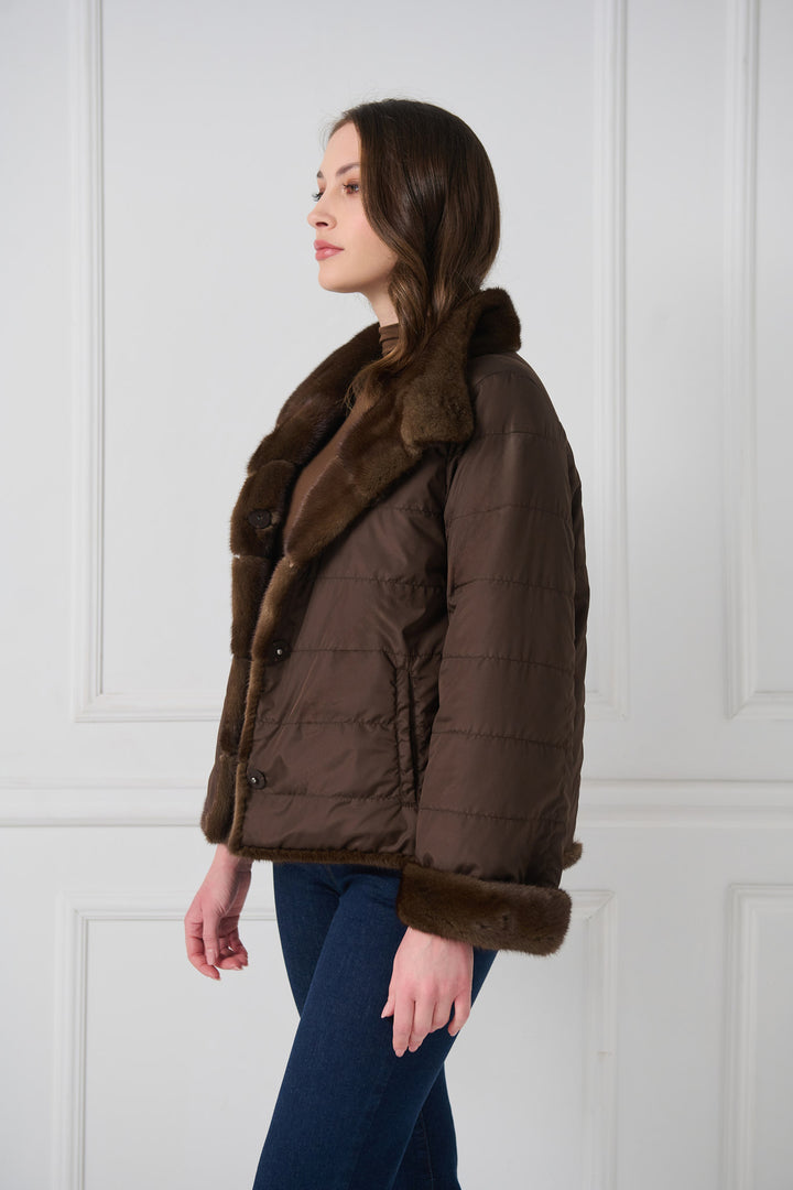 Reversible mink jacket with standup collar