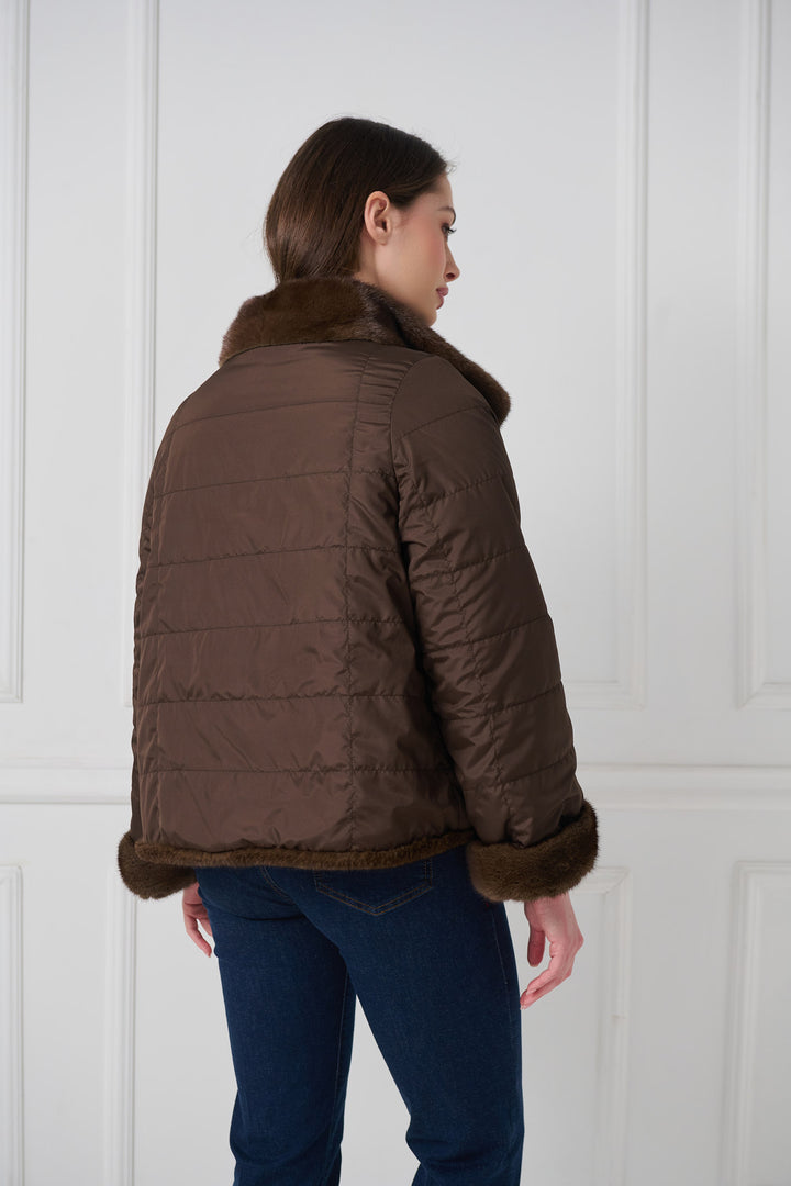 Reversible mink jacket with standup collar