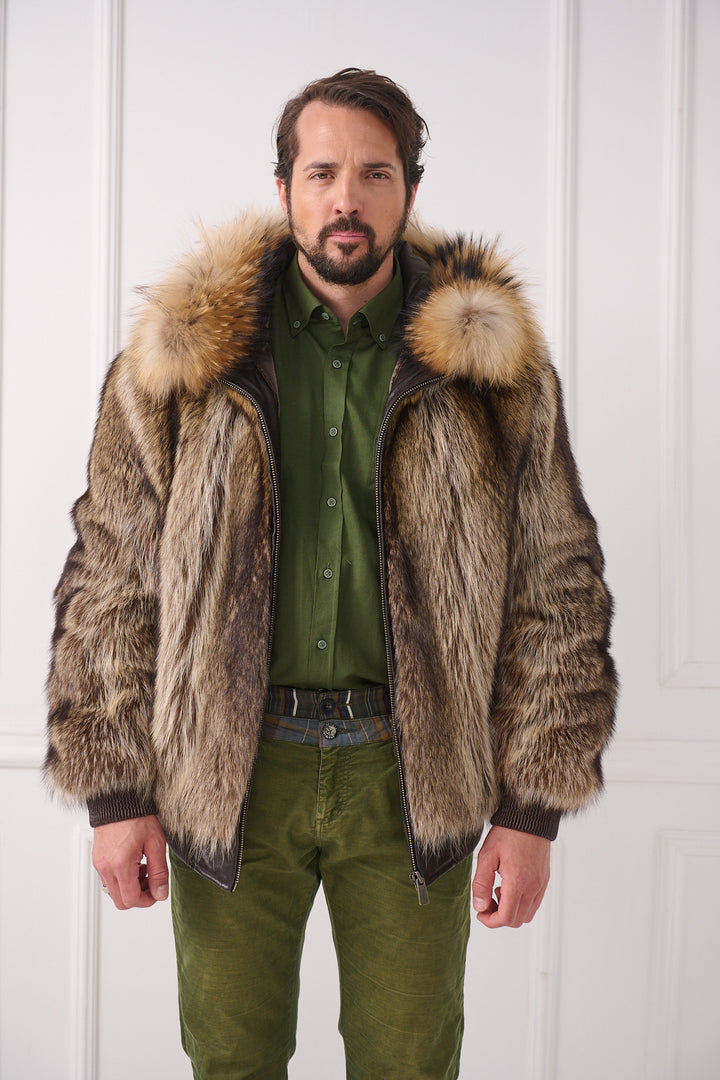 Veste pour homme en fourrure de raton laveur avec capuche en renard