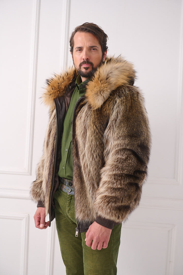 Veste pour homme en fourrure de raton laveur avec capuche en renard