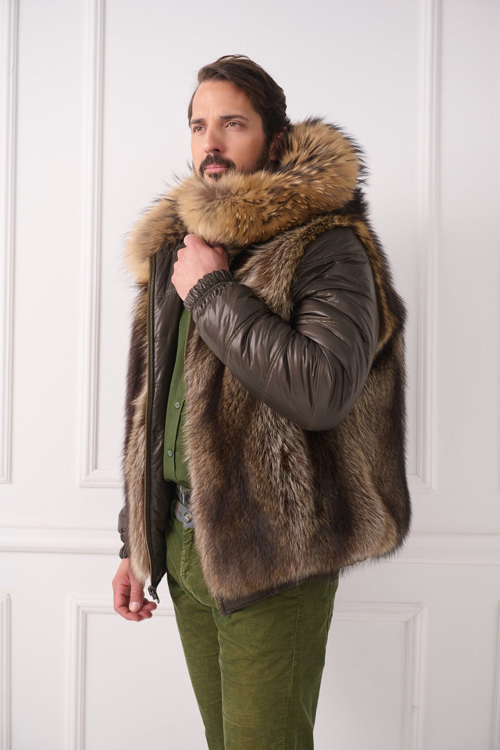 Двусторонняя мужская куртка с енотом и капюшоном с лисой