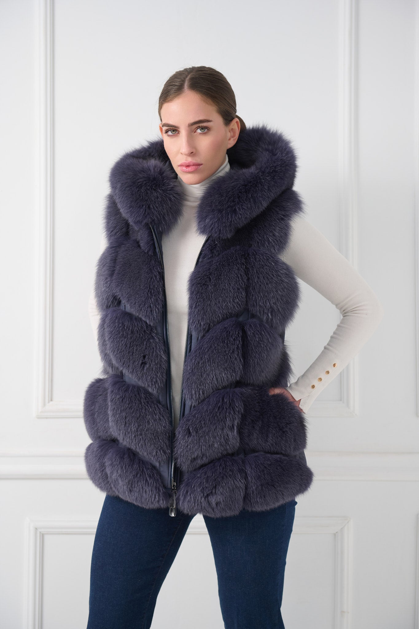 bluelea ブルレア New Fur Pocket Wool Gilet Adrienne Landau Navy Faux Fur Vest with Faux Leather