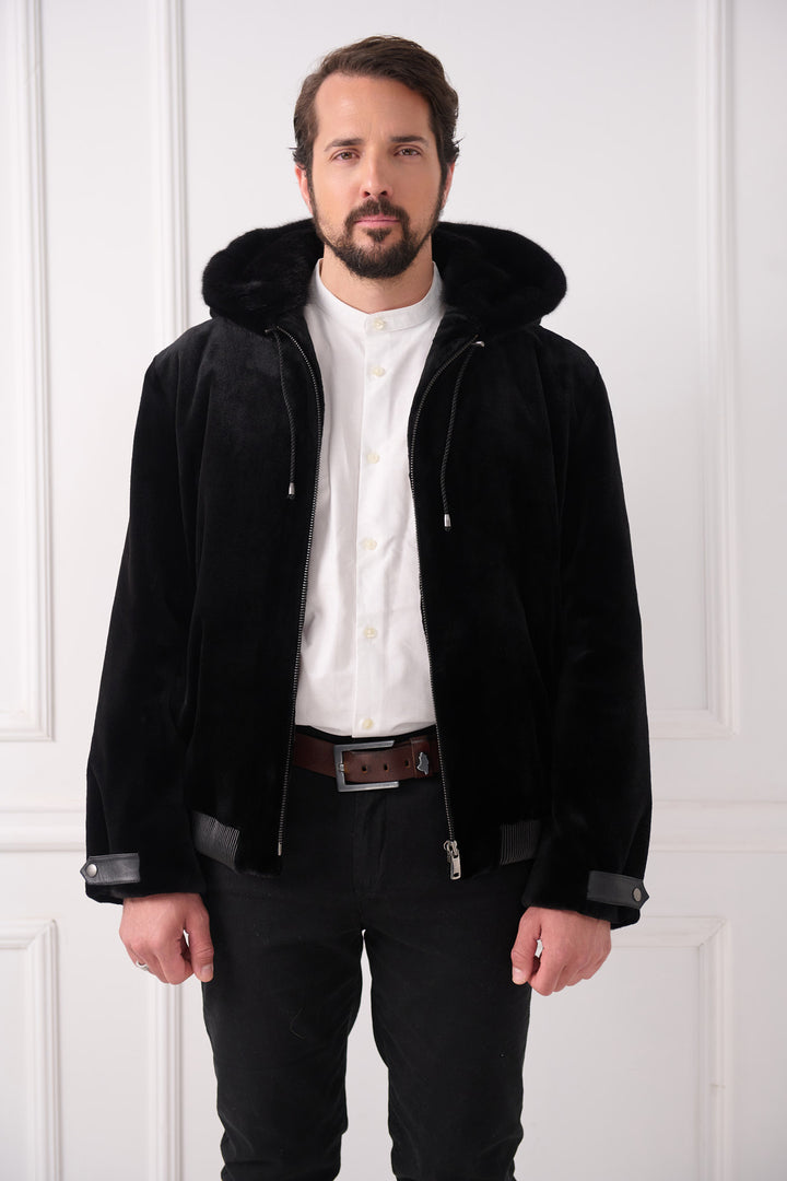Veste aviateur pour homme en vison tondu avec capuche