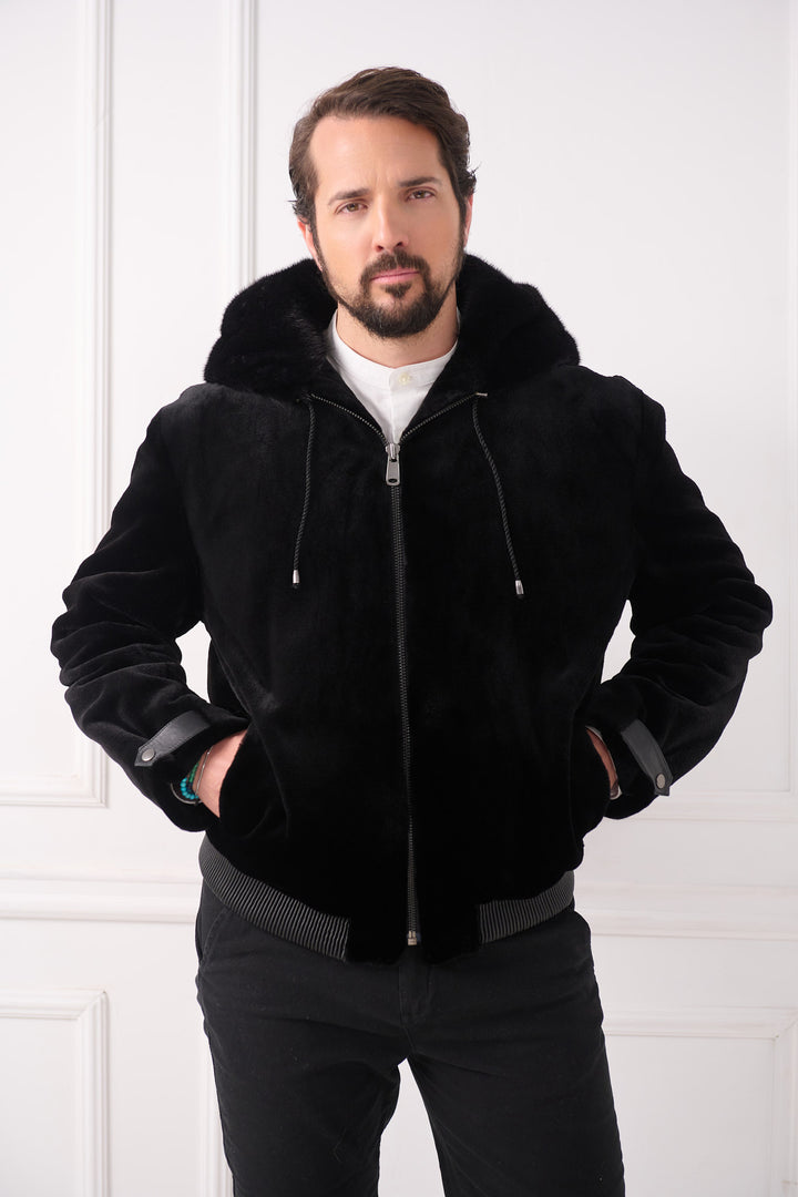 Veste aviateur pour homme en vison tondu avec capuche