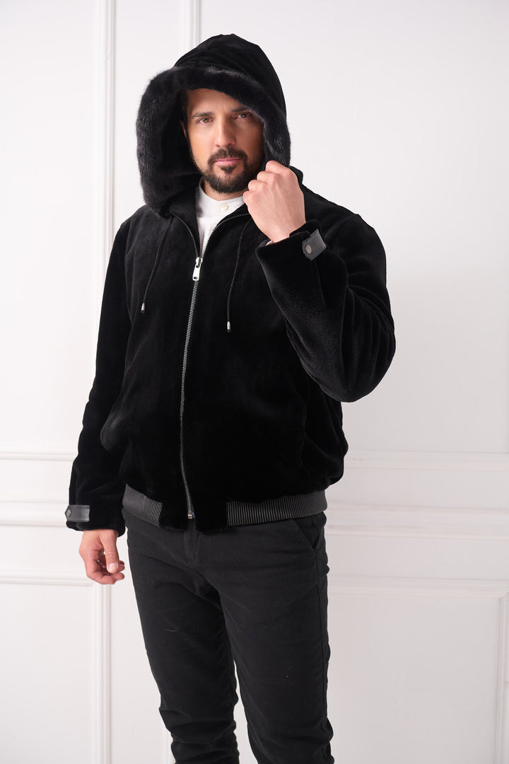 Veste aviateur pour homme en vison tondu avec capuche