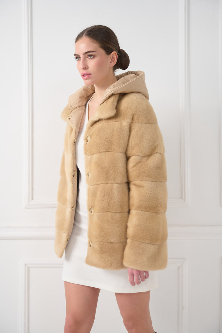 Hooded reversible mink jacket