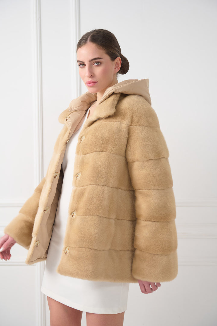 Hooded reversible mink jacket