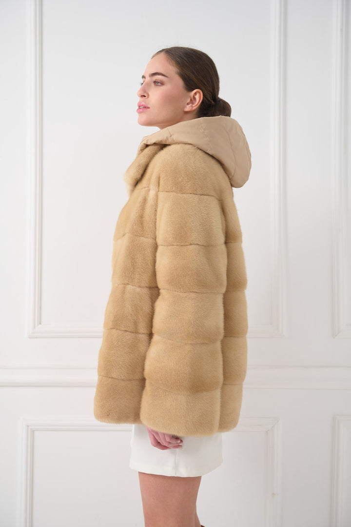 Hooded reversible mink jacket