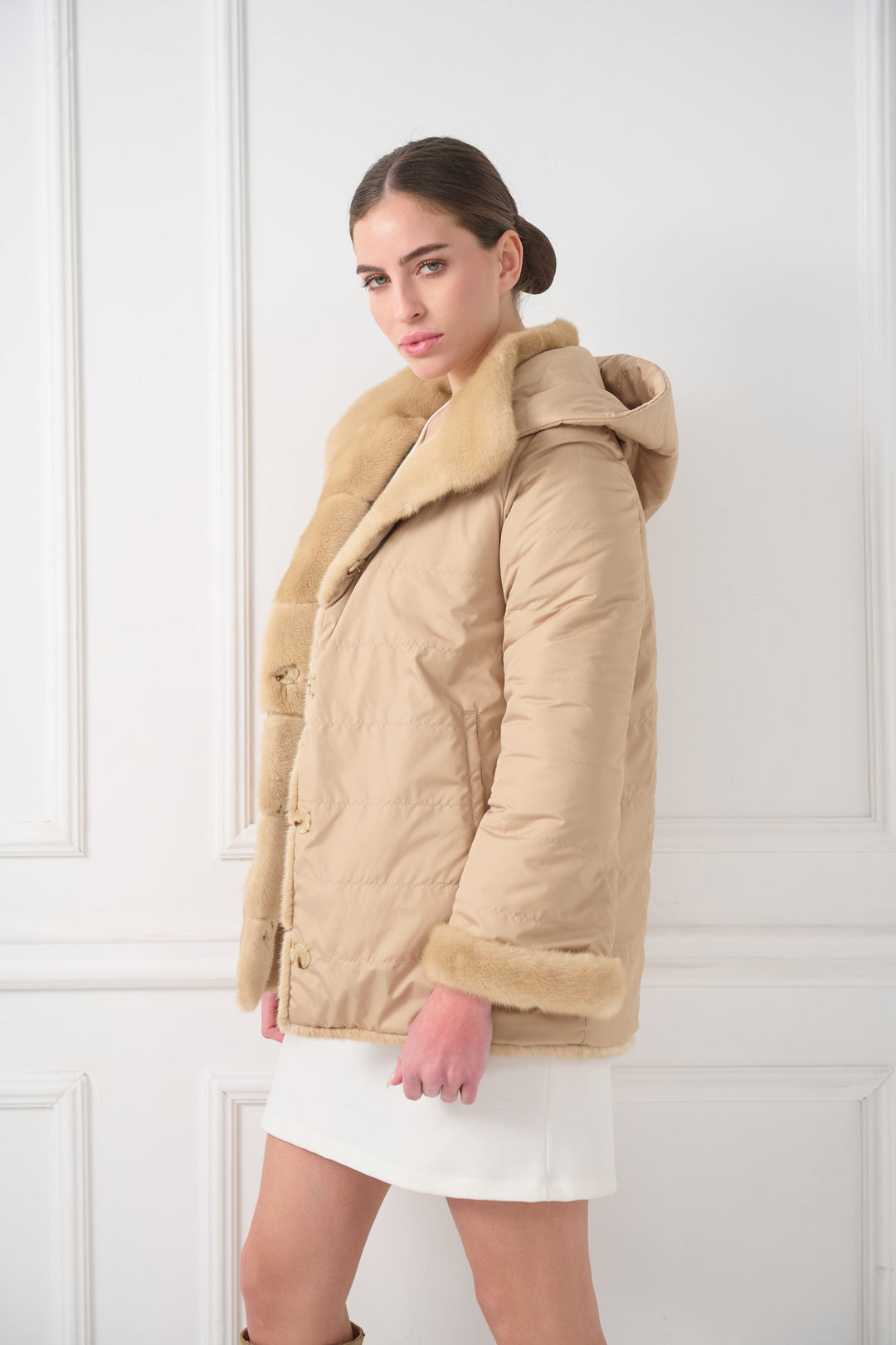 Hooded reversible mink jacket