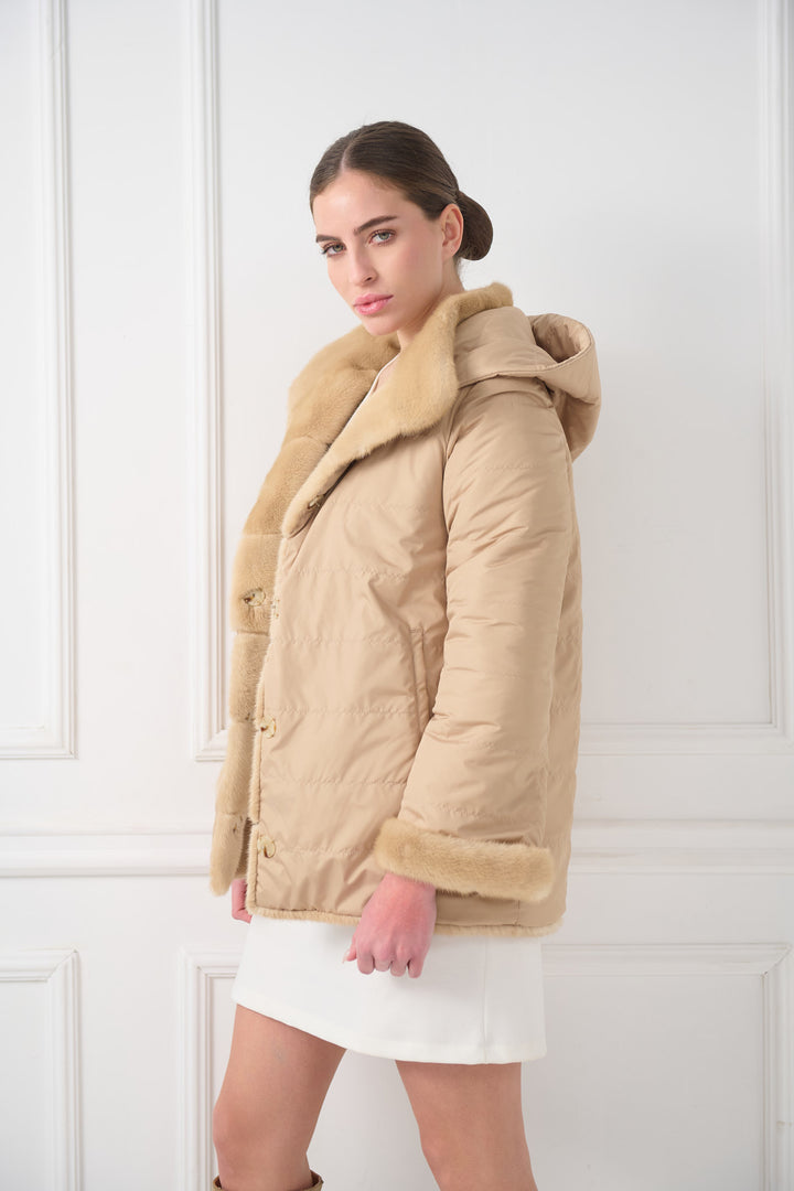 Hooded reversible mink jacket