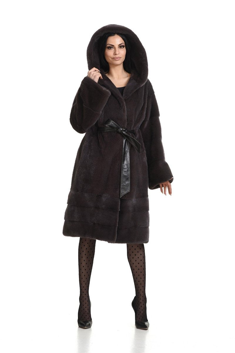 Hooded mink coat with leather belt - Manakas Frankfurt