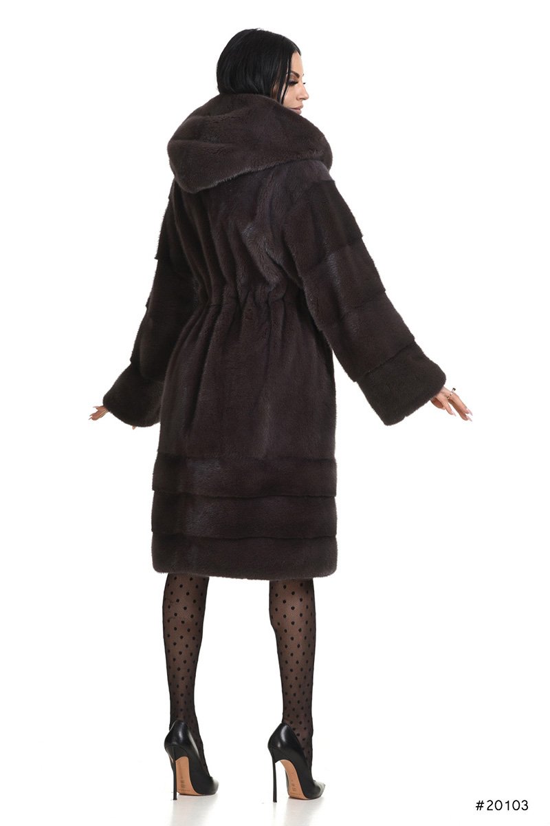 Hooded mink coat with leather belt - Manakas Frankfurt