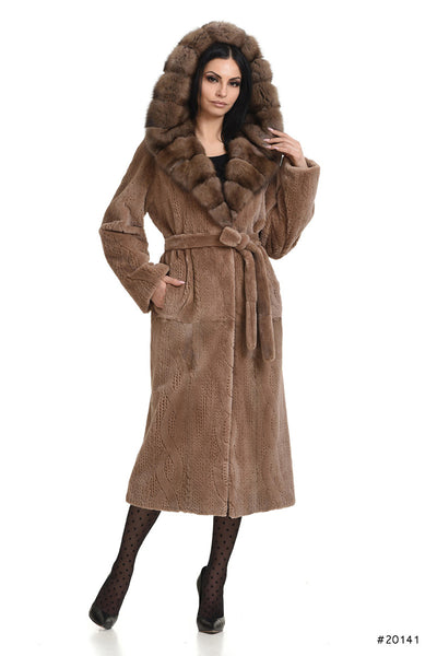 Mink coat with sable hood in the camel color tones