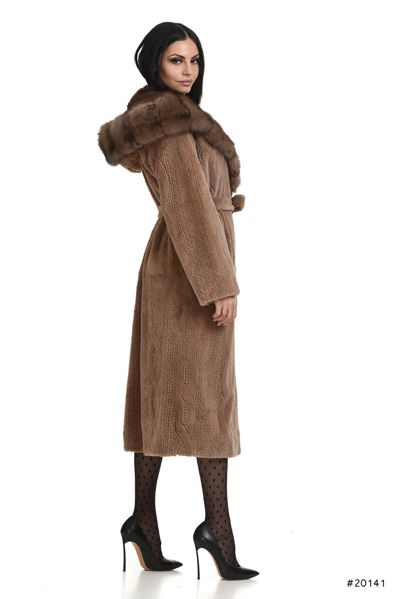 Mink coat with sable hood in the camel color tones
