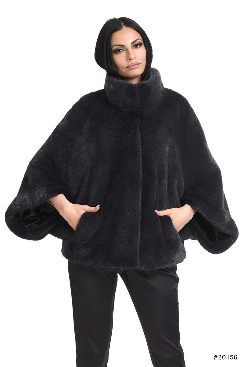 Mink cape jacket with stand up collar