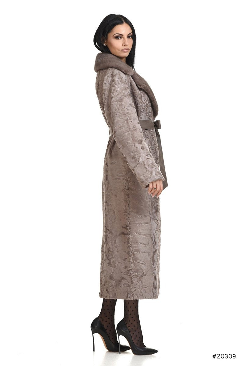 Long persian lamb coat with mink english collar and leather belt - Manakas Frankfurt