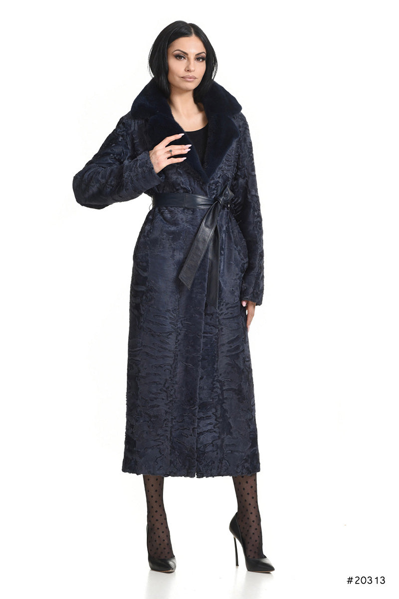 Long persian lamb coat with mink english collar and leather belt