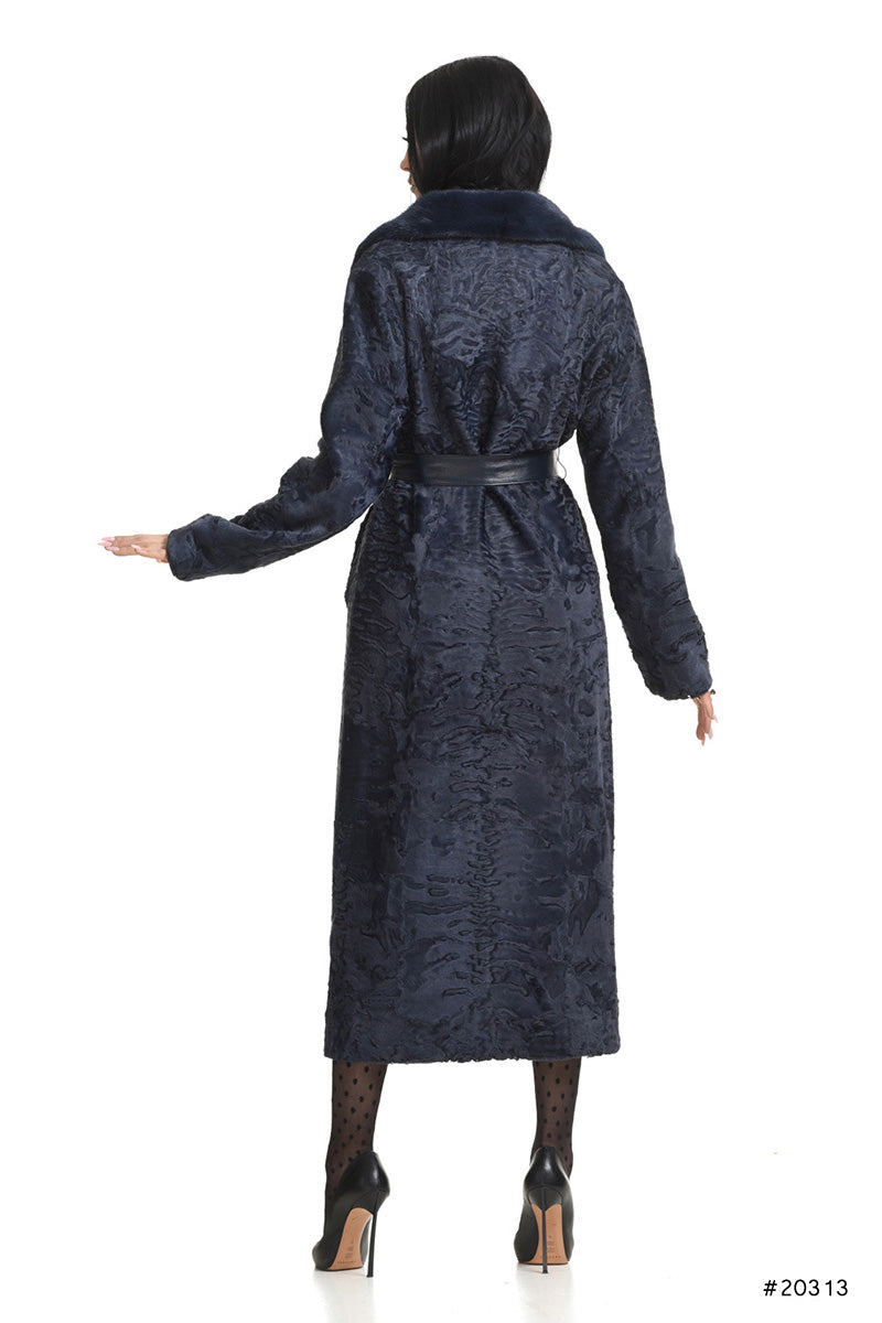 Long persian lamb coat with mink english collar and leather belt