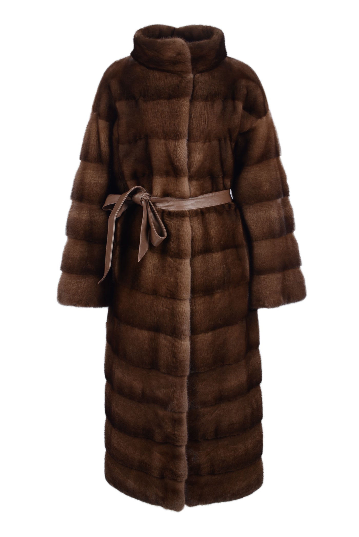 Long mink coat with stand up collar and leather belt