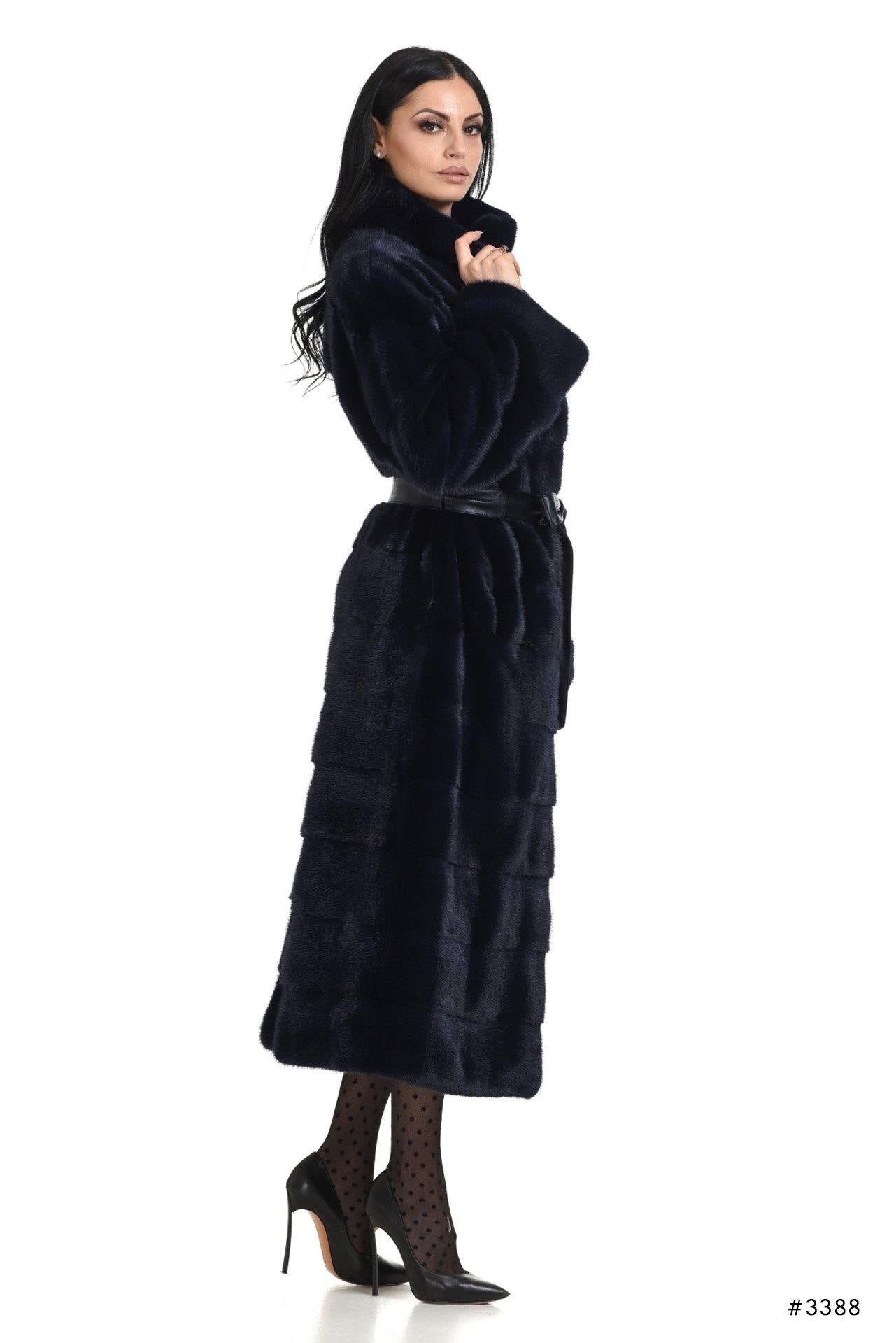 Long mink coat with stand up collar and leather belt - Manakas Frankfurt