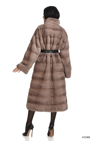 Long mink coat with stand up collar and leather belt - Manakas Frankfurt
