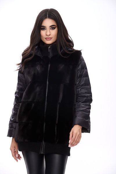 Long down bomber jacket with mink