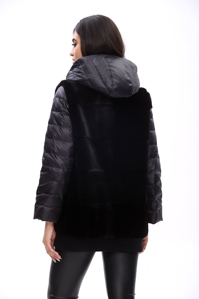 Long down bomber jacket with mink