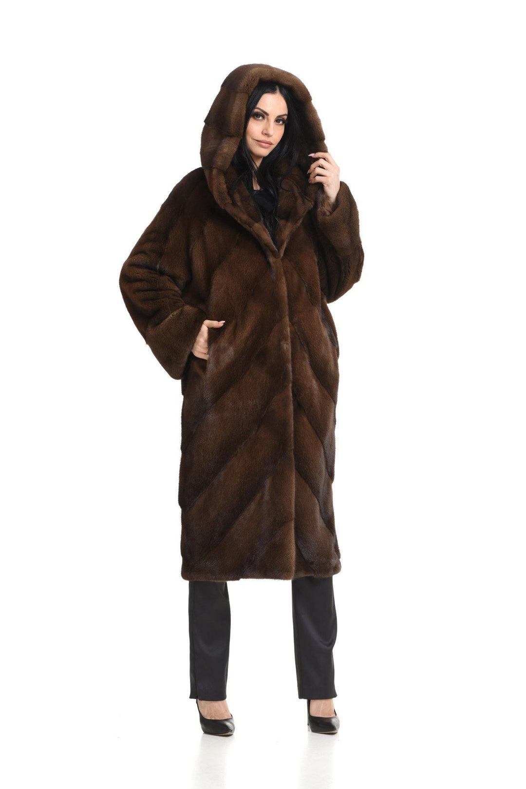Long classy hooded mink coat - Manakas Frankfurt