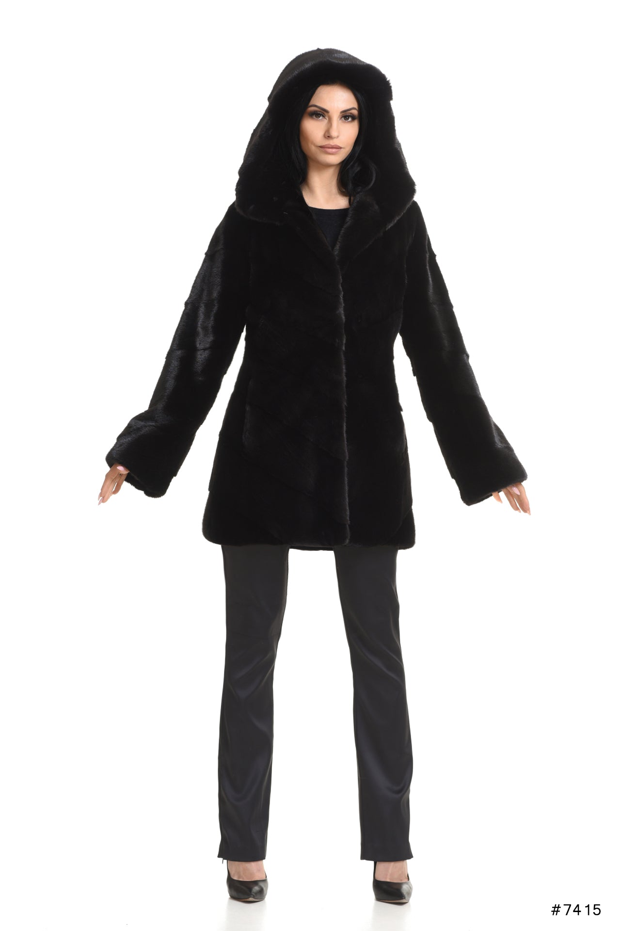 Hooded mink jacket with a shaped line
