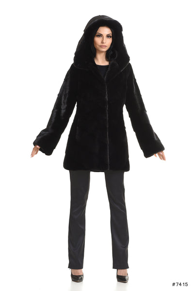 Hooded mink jacket with a shaped line