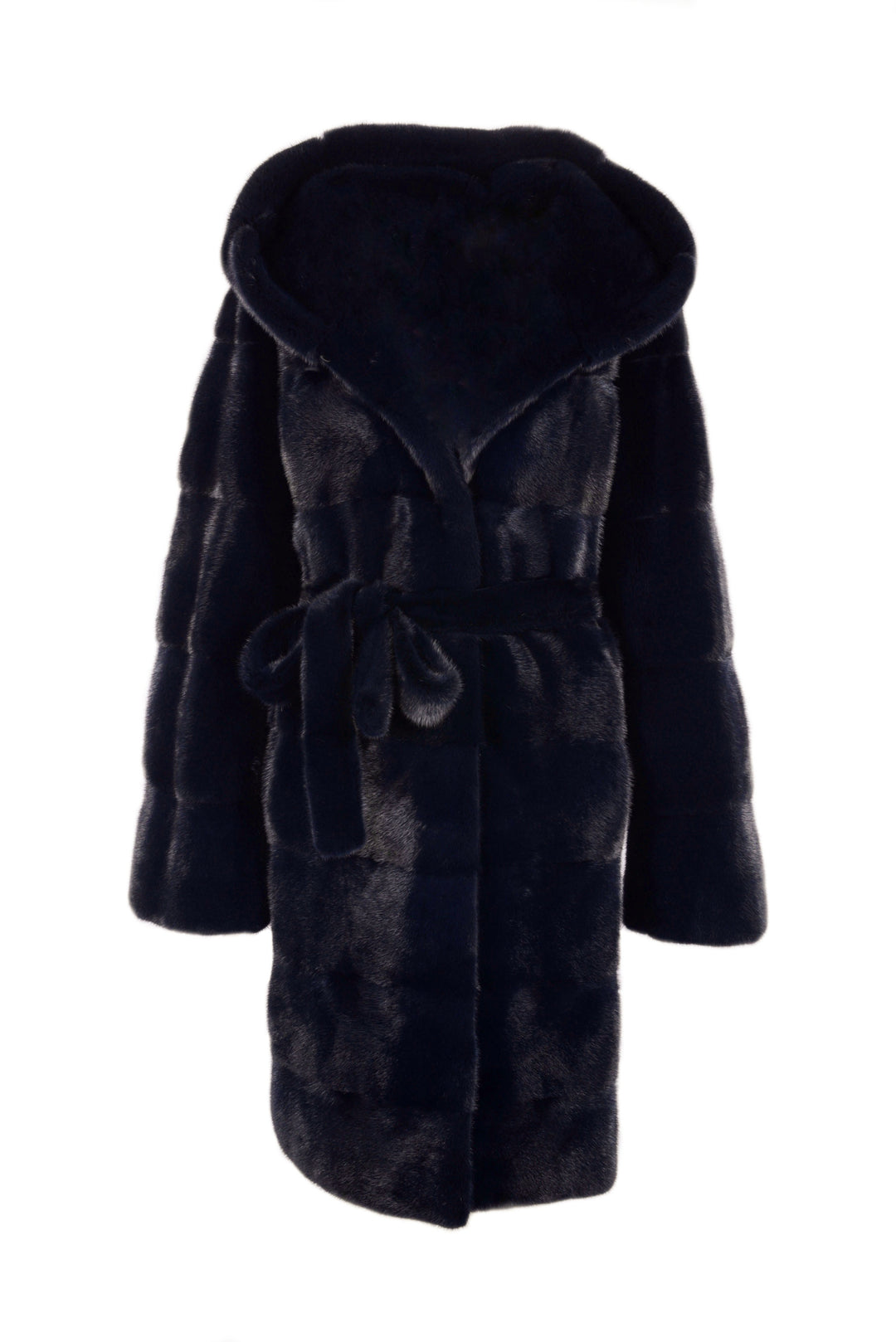 Hooded mink fur coat with belt