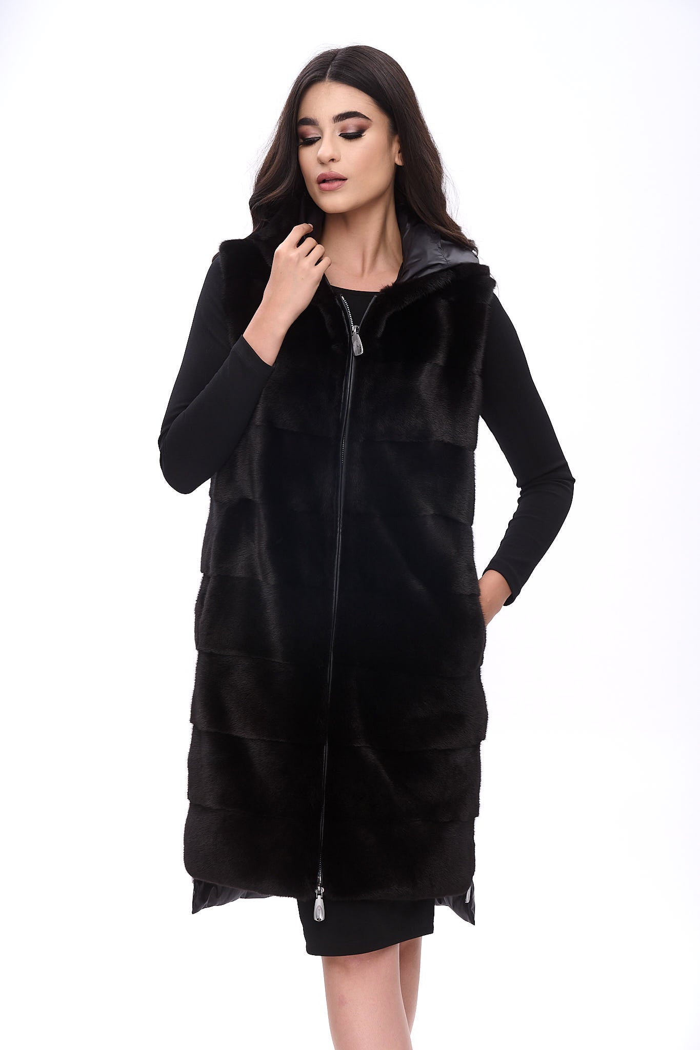 Long hooded down jacket with mink