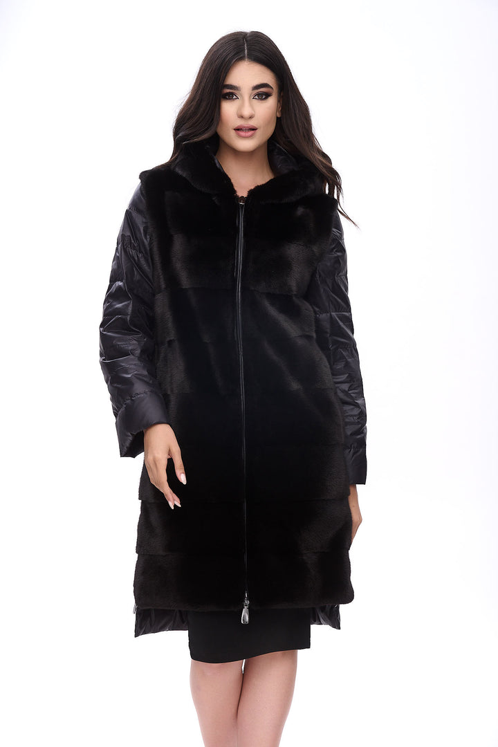 Long hooded down jacket with mink