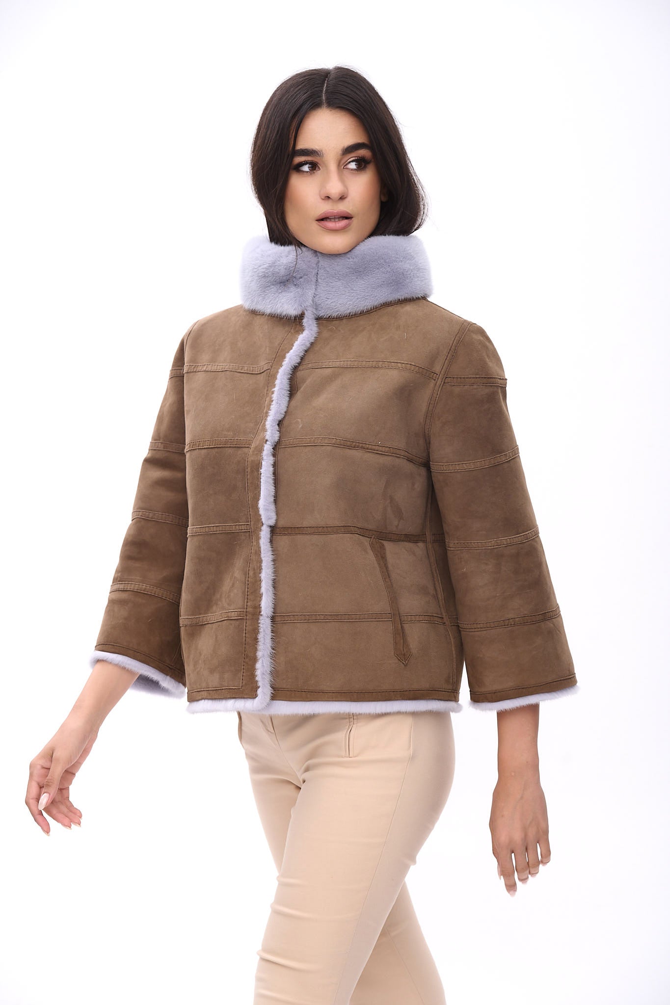 Reversible short jacket with high collar
