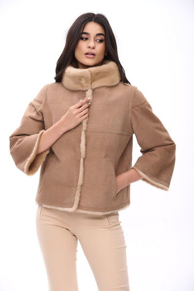 Reversible short jacket with high collar