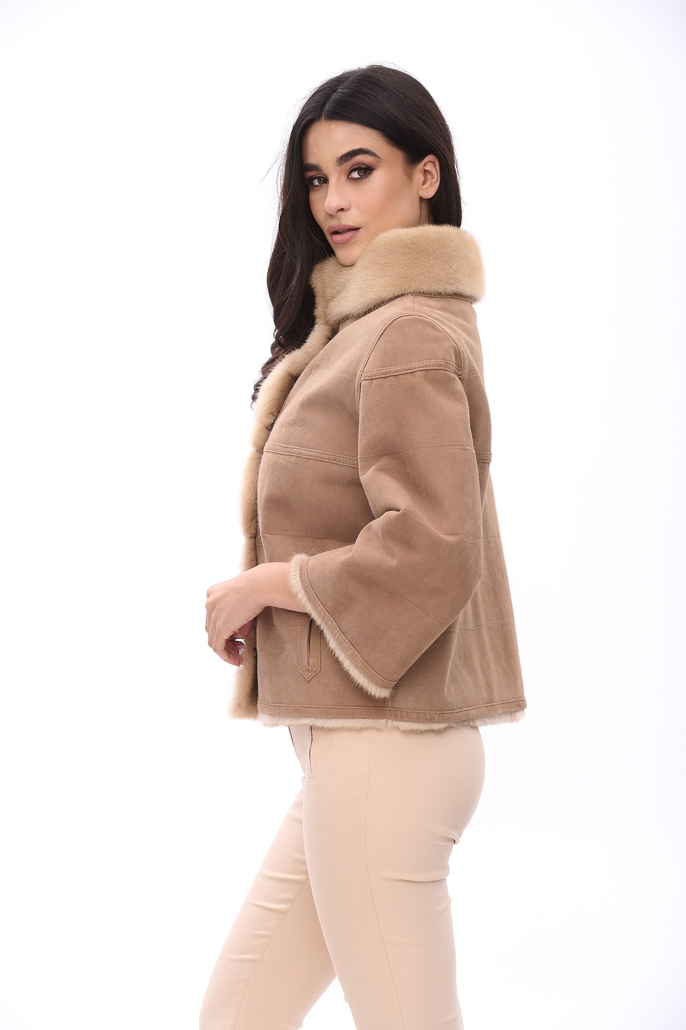 Reversible short jacket with high collar