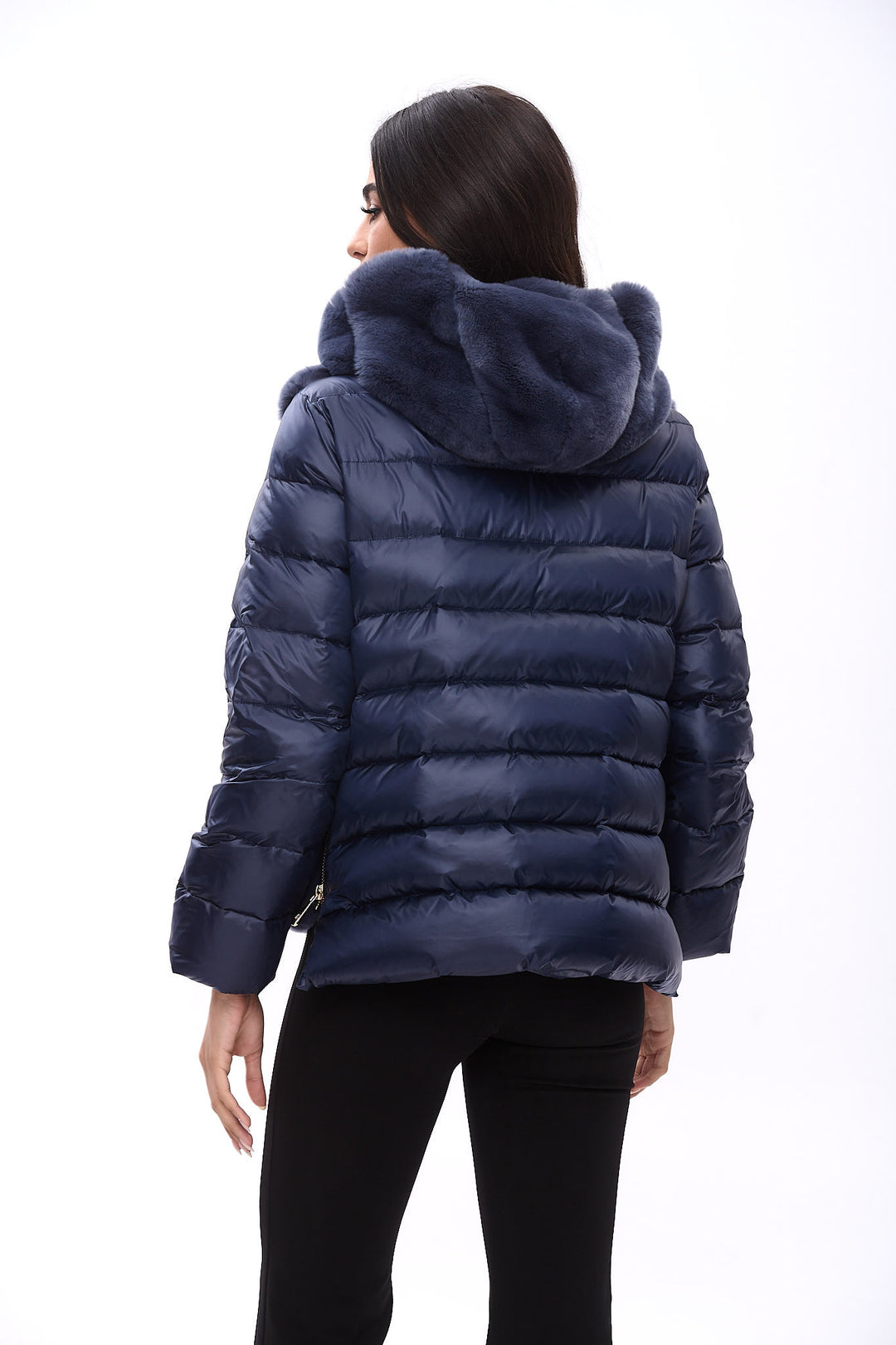 Hooded down jacket with Rex rabbit fur
