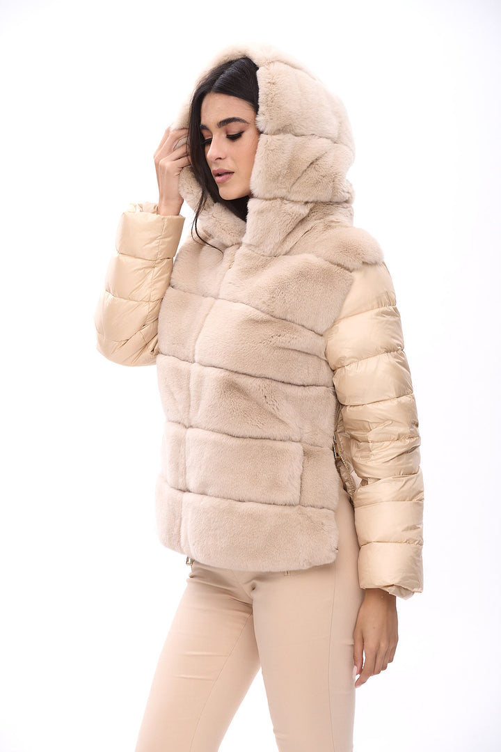 Hooded down jacket with Rex rabbit fur