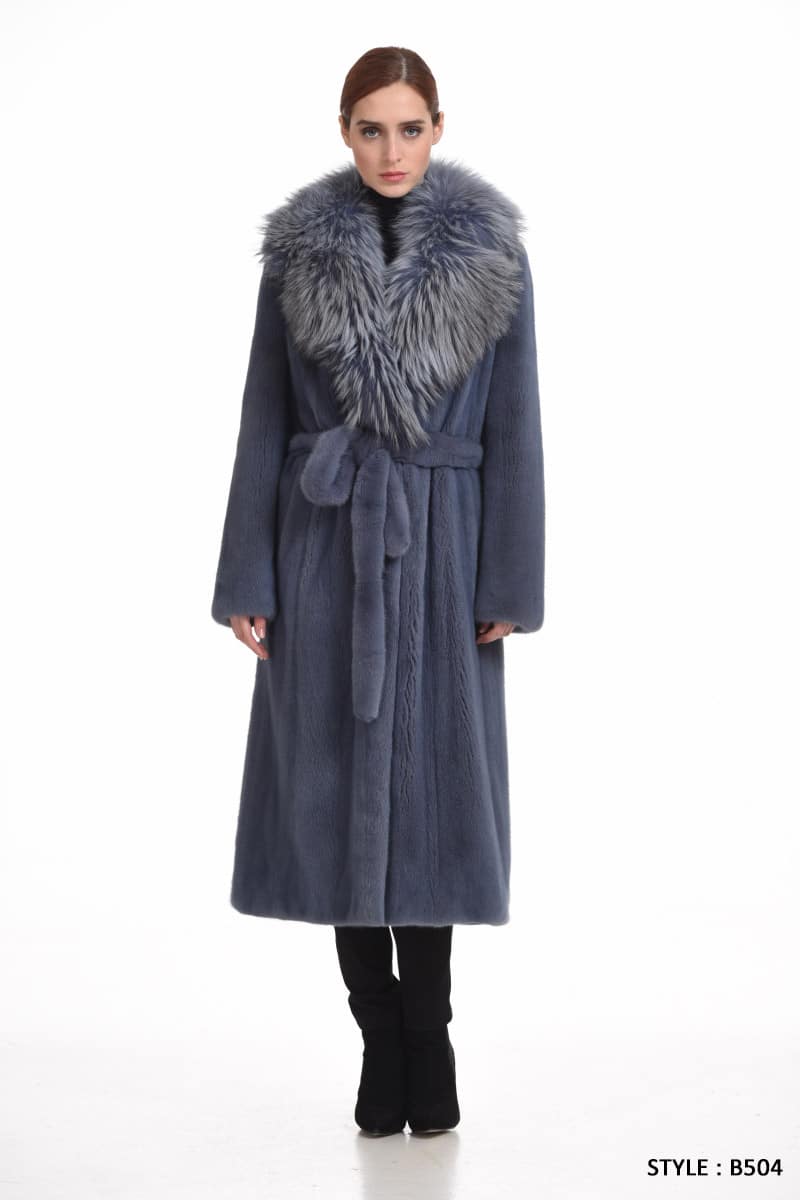 Vertical mink coat with fox collar