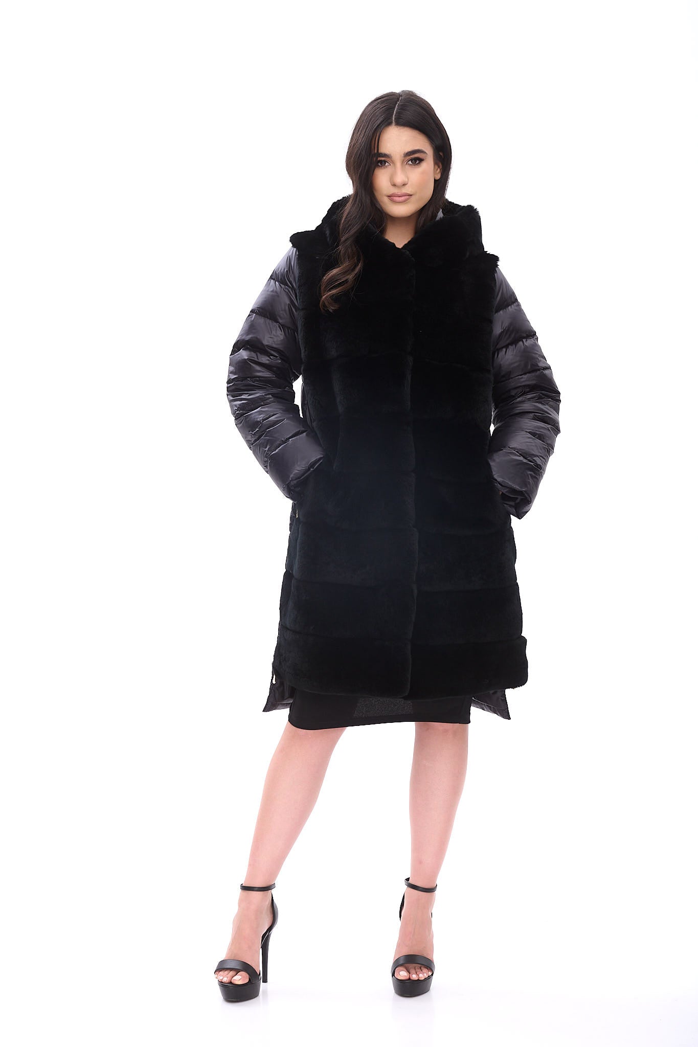 Hooded down coat with rex rabbit